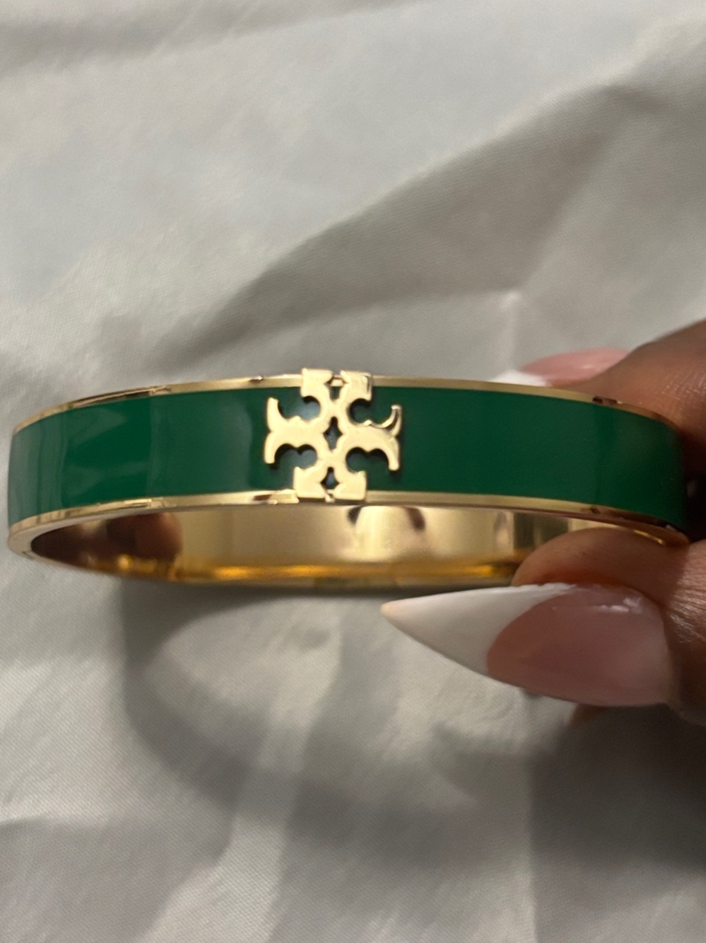Gold-Tone Bracelet with Emerald Green Enamel and Center Logo Accent